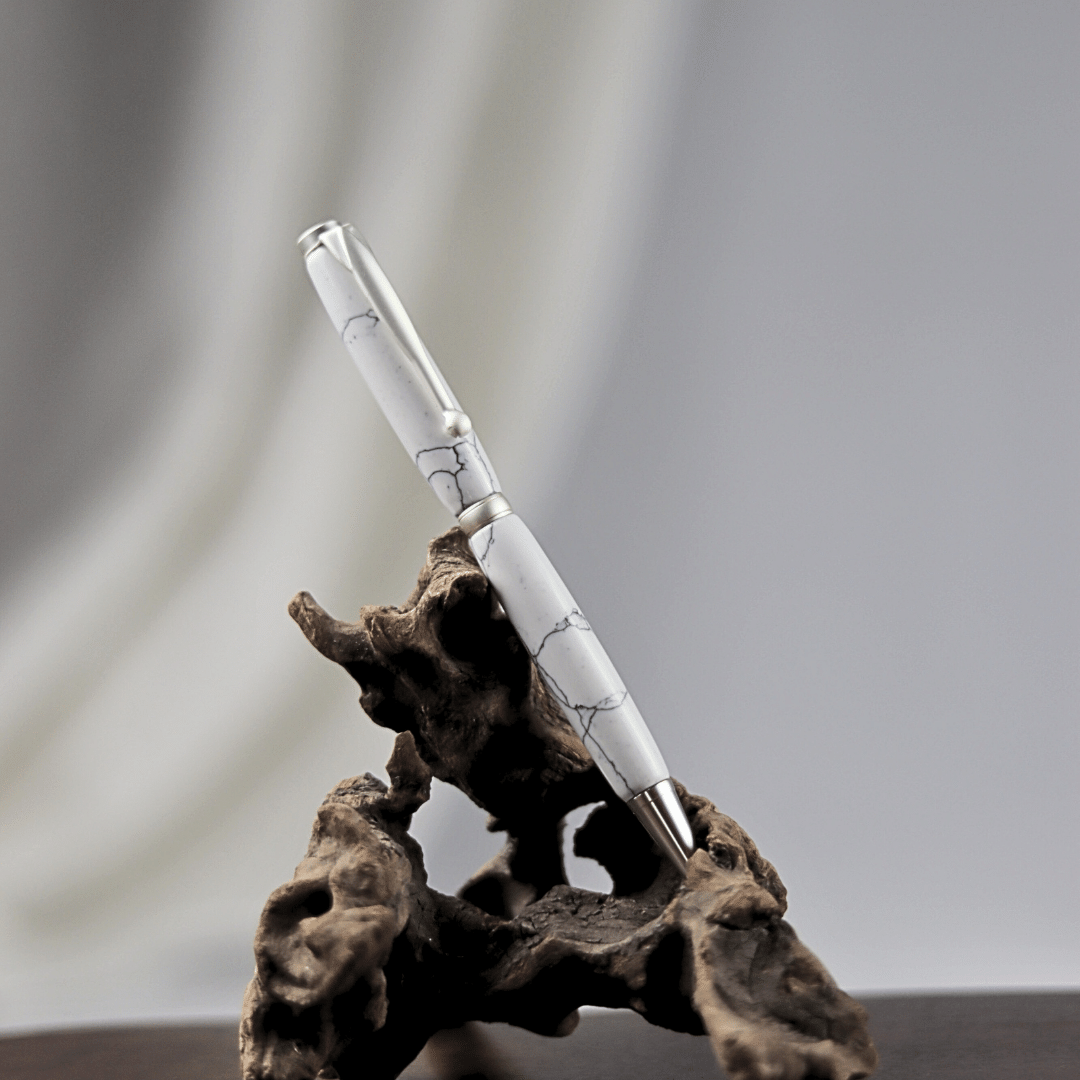 White Marble Twist Pen - Satin Silver