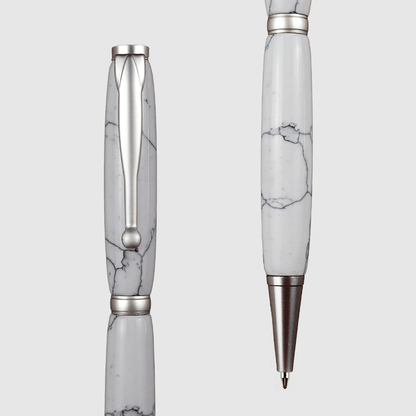 White Marble Twist Pen - Satin Silver